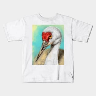 Painting of a Crane with Vibrant Colors on Yellow Blue Background Kids T-Shirt